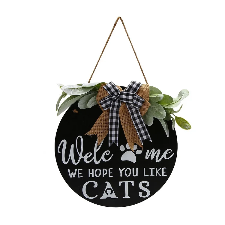 Welcome Wooden Sign Wreath Front Door Hanger "Welcome We Hope You Like Cats"