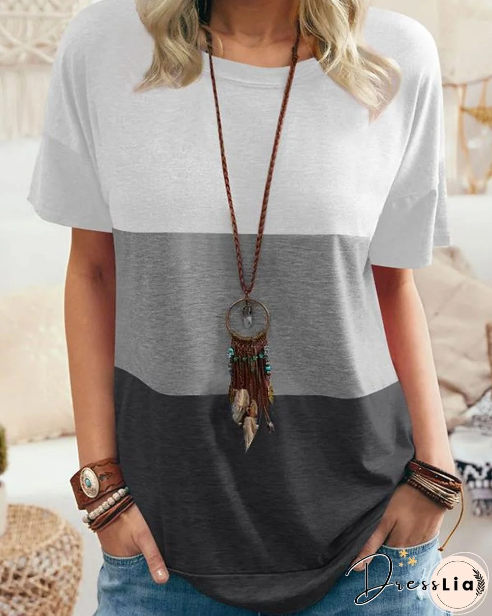 Women Summer Color Stitching Casual T-shirt