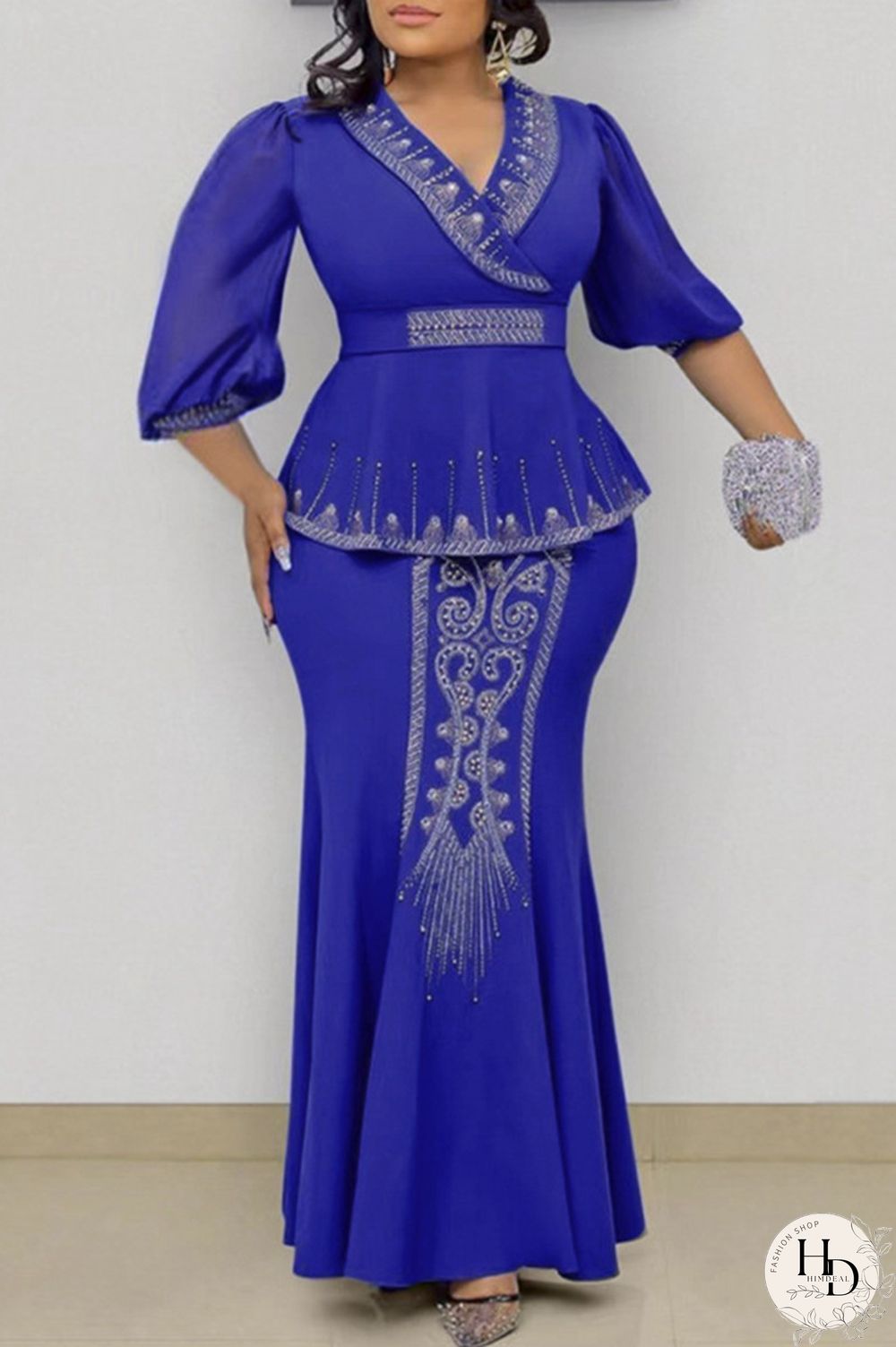 Yellow Fashion Casual Patchwork Beading Hot Drill V Neck Plus Size Two Pieces