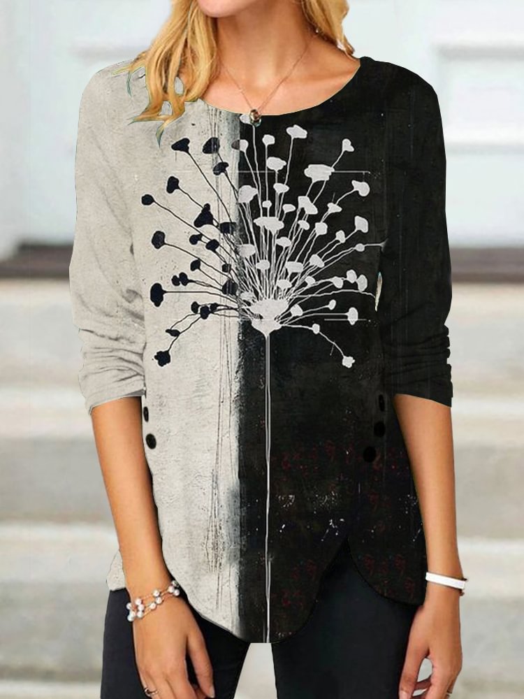 Comstylish Dandelion Art Contrast Button Slit T Shirt