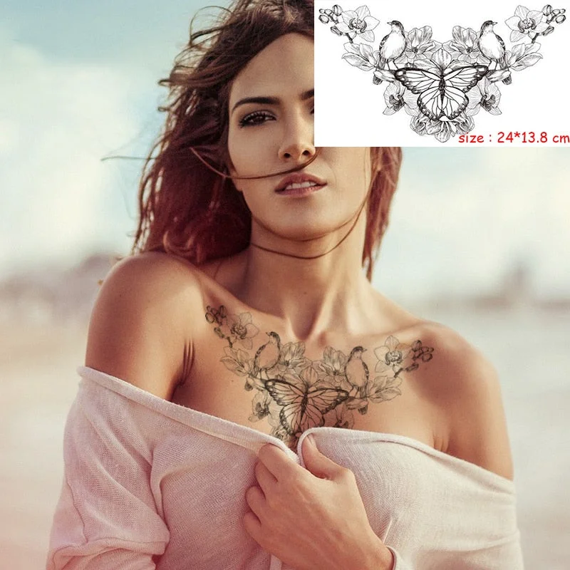Temporary Tattoo Sticker Plant Leaf Flower Like Butterfly Sexy Chest Back Fake Tatoo Waterproof Flash Tatto Art for Woman Girl