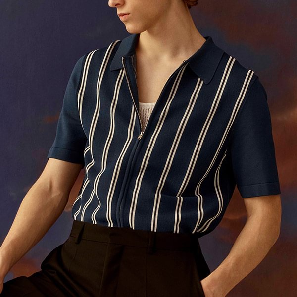 Vintage striped knit POLO shirt with zipper / [viawink] /
