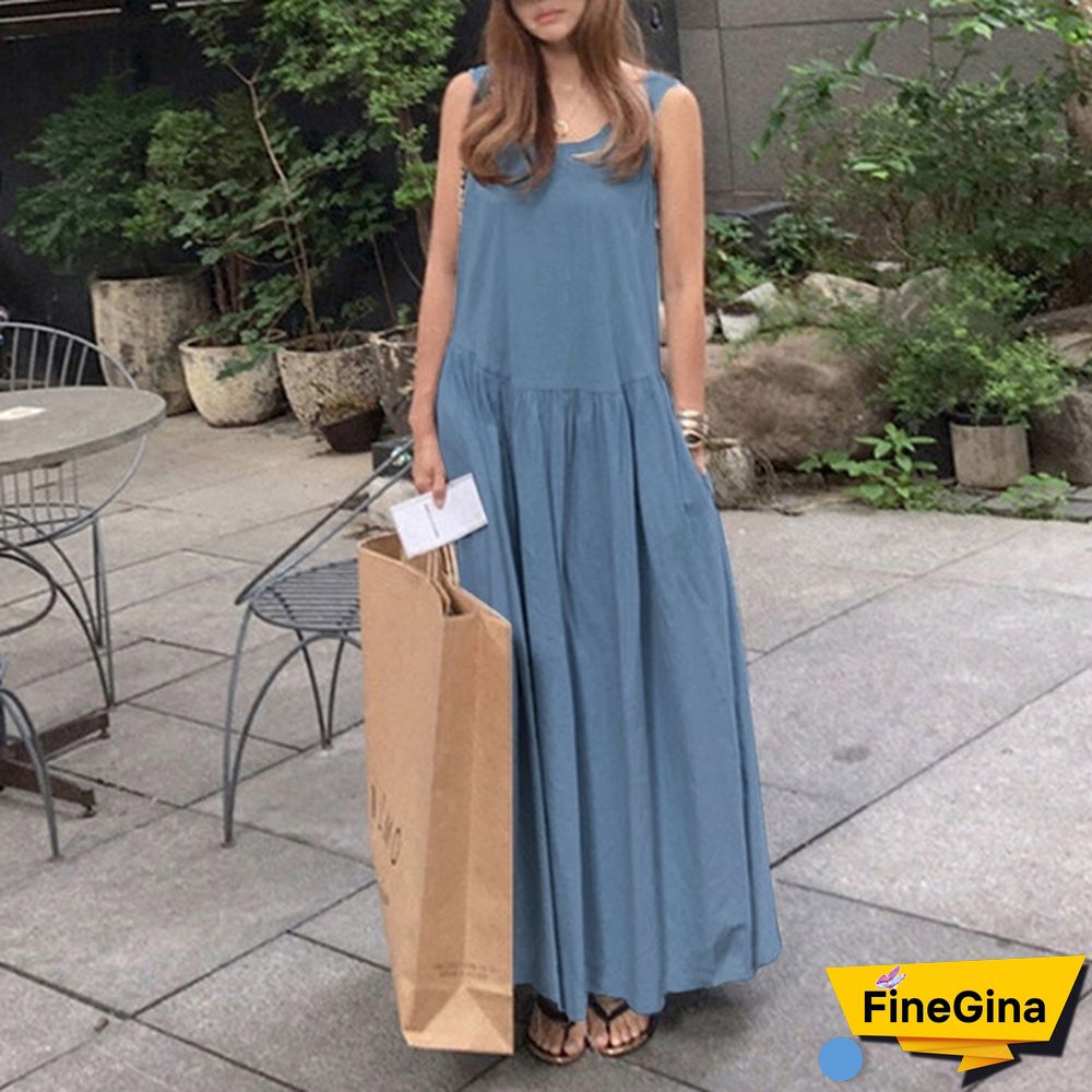 Women Sleeveless Casual Party Holiday Long Shirt Dress O Neck Denim Tank Maxi Sundress