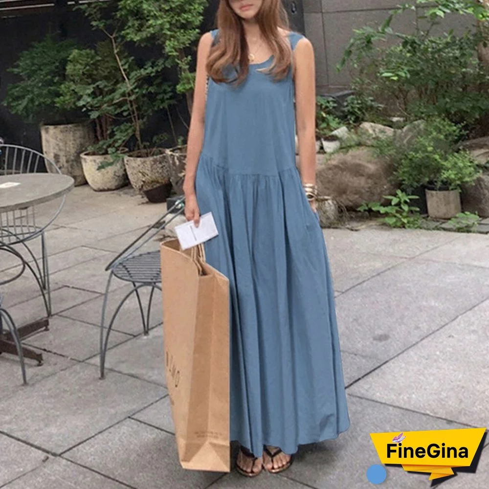 Women Sleeveless Casual Party Holiday Long Shirt Dress O Neck Denim Tank Maxi Sundress