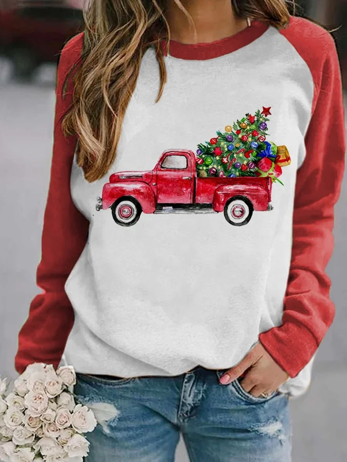 Women's Christmas Tree Red Truck Print Sweatshirt-mysite