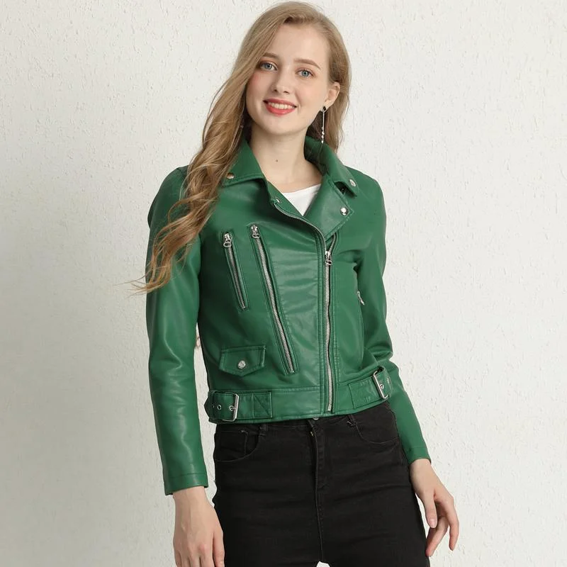 FTLZZ New Autumn Women Faux Leather Jackets Zipper Turn-down Collar Basic Coat Faux Soft Pu Motorcycle Green Black Red Outwear