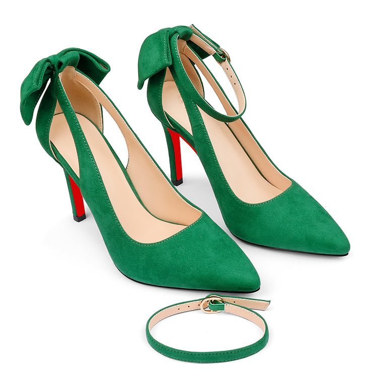 100mm/3.94inch Women's Pointed Toe Ankle Strap Bow Pumps Red Bottoms  Pumps Suede VOCOSI VOCOSI