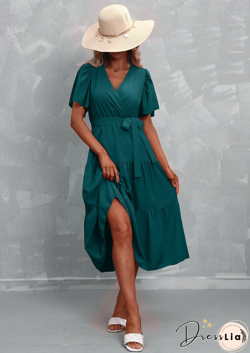 Elegant Womens Summer Dress & Casual Lace-Up Solid Color Neck High Waist Short Sleeve