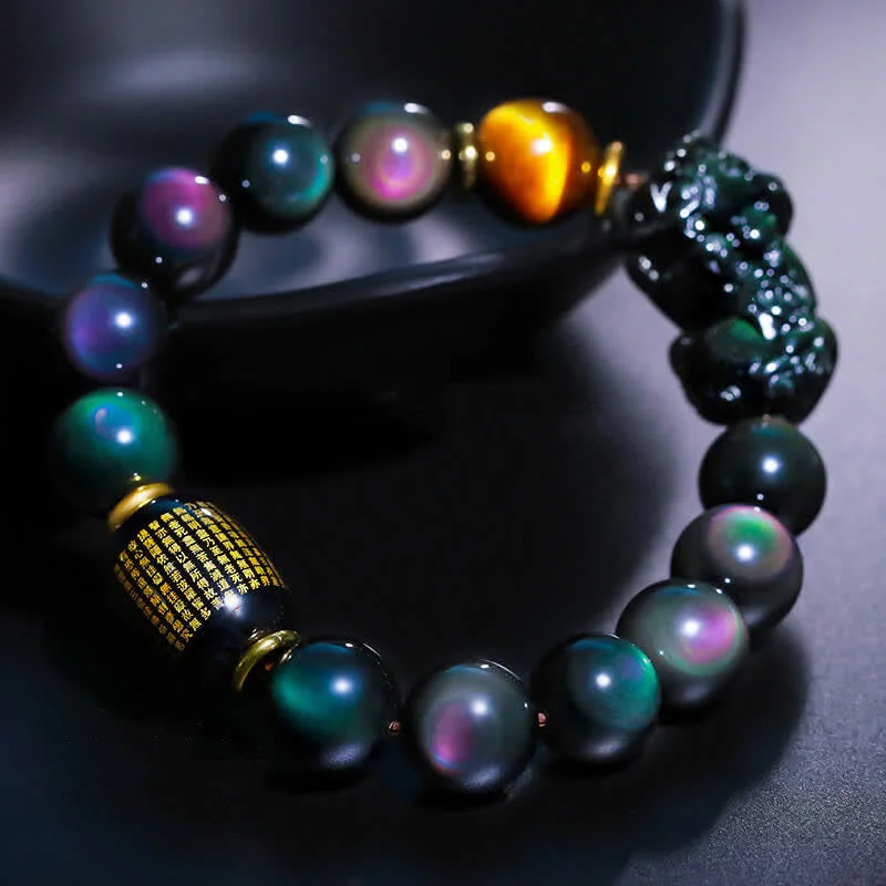 FengShui PiXiu Rainbow Obsidian Black Onyx Tiger Eye Positive Bracelet