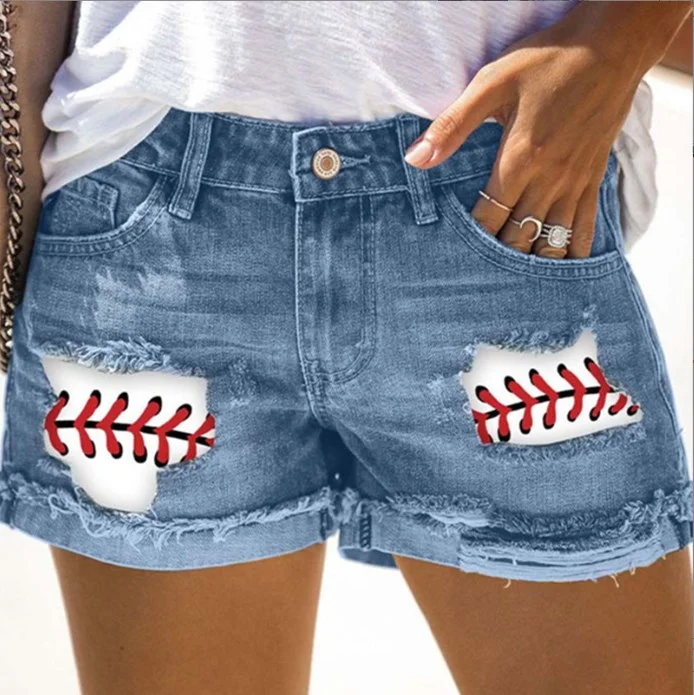 Fashionable New Ripped Printed Denim Shorts