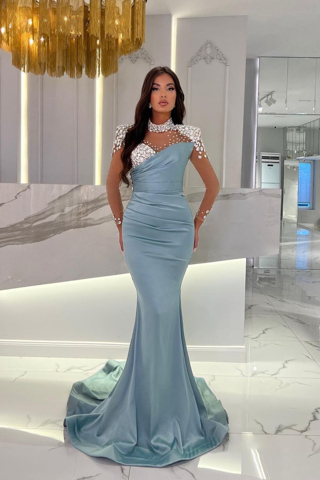Charmeuse Dusty Blue Prom Dress Long Mermaid Tulle With Beadings YL0259