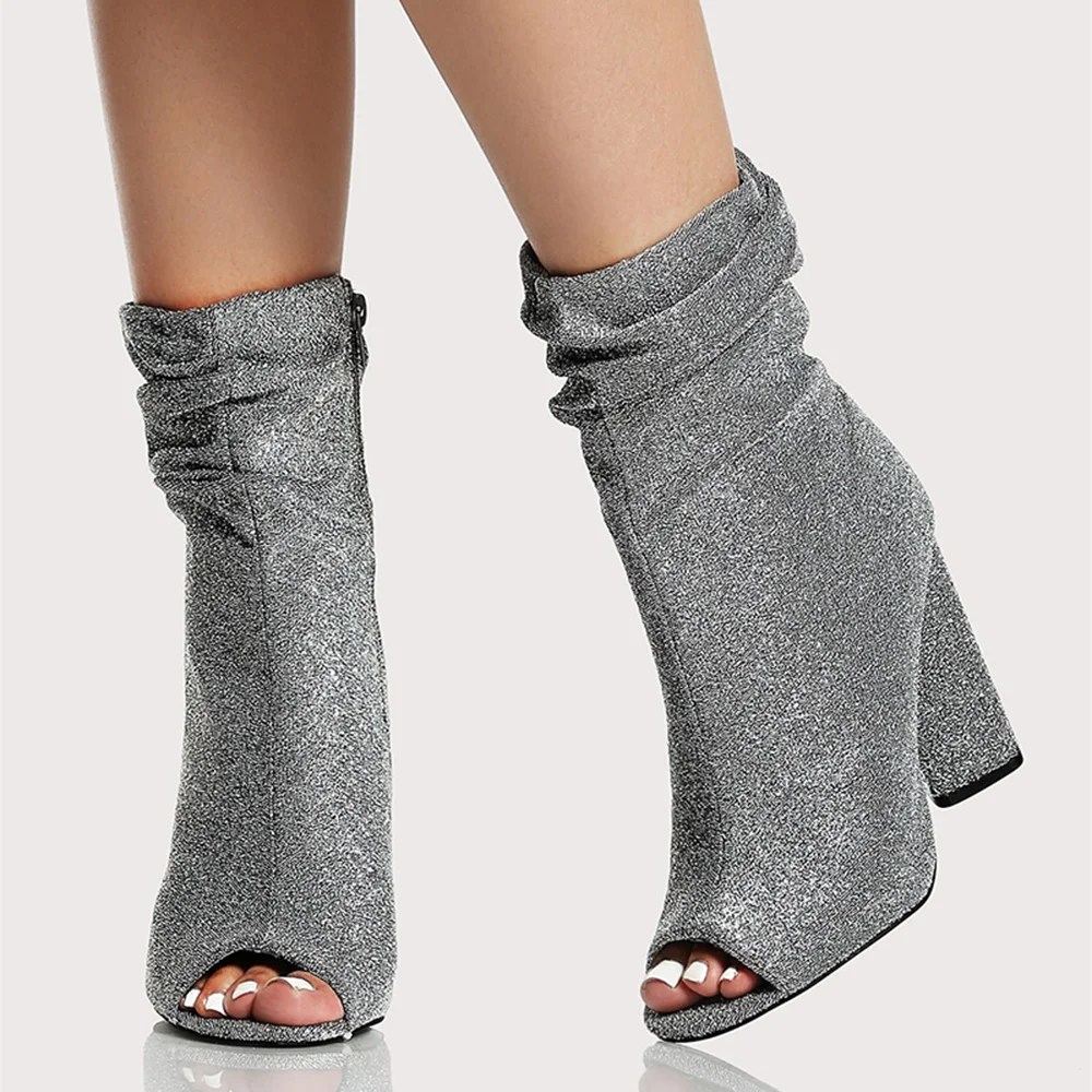 Full Grey Almond Toe Block Heel Boots Open Toe Slouch Calf Boots Nicepairs