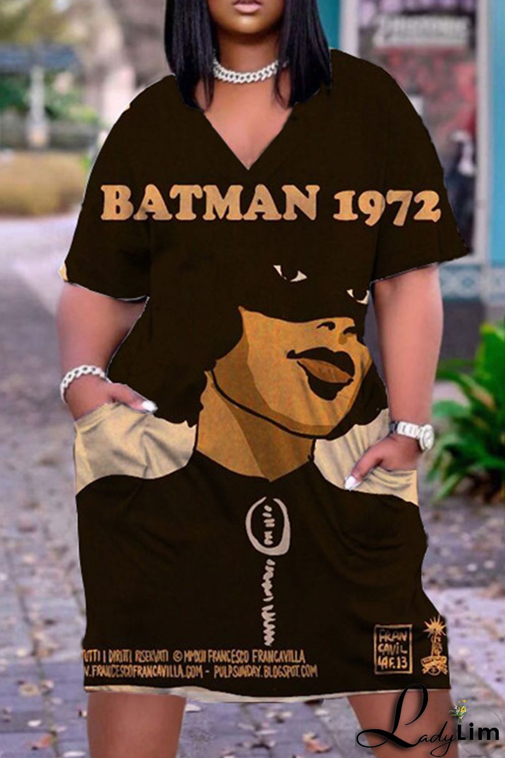 Brown Casual Print Pocket V Neck Straight Dresses