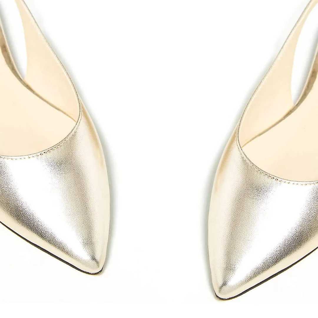 Vegan Leather Pointed Toe Buckle Fastening Slingback Flat Gold Pumps