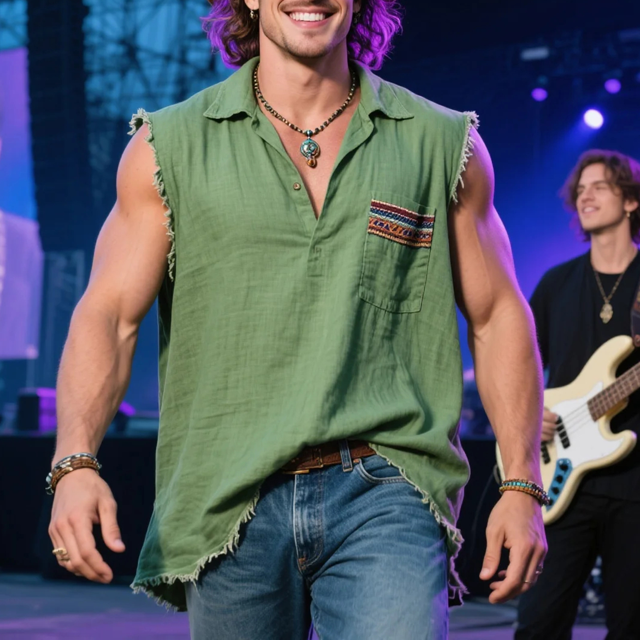 Men's Outdoor Retro Loose Casual V-neck Lapel Linen Sleeveless T-shirt Shirt Western Style Music Party Top