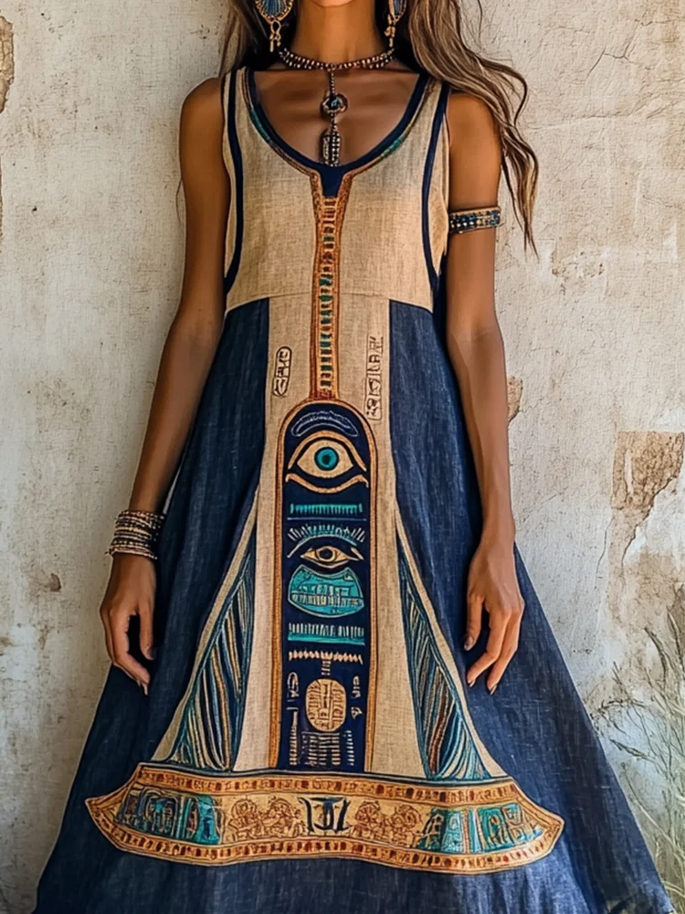 Eye Of Horus Ancient Egyptian Embroidered Vintage Linen Maxi Dress