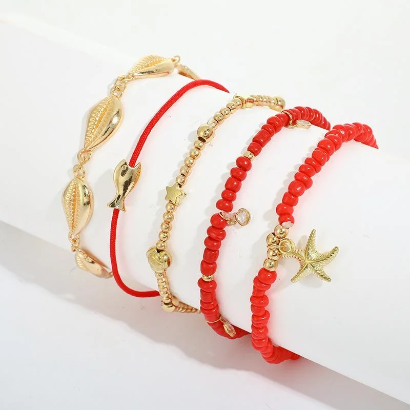 Women plus size clothing 5 Pieces Fish Shell Starfish Bead Anklet Sets Wholesale Cheap Jewelry-Nordswear