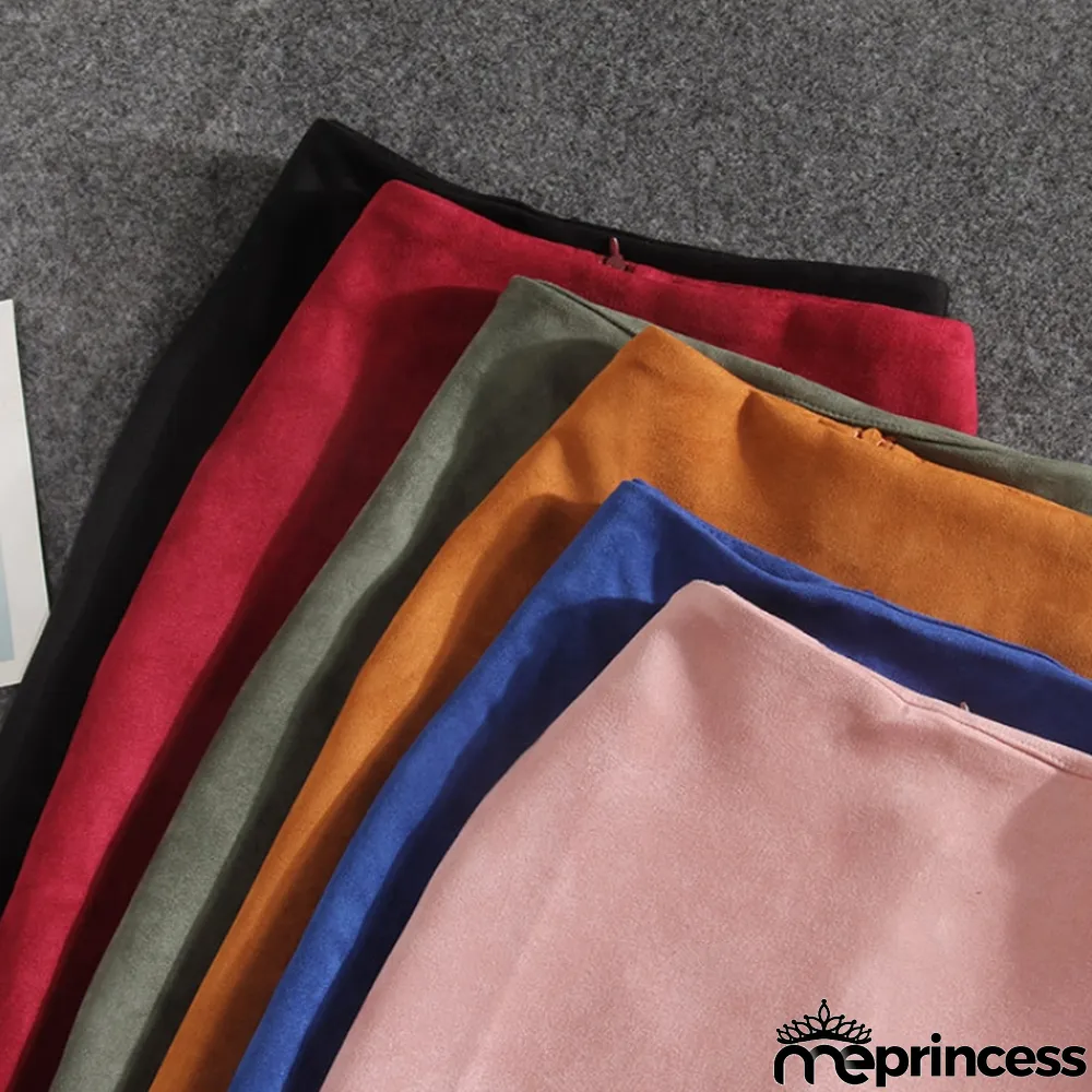 Winter Blue Velour Back Slit High Waist Pencil Skirt