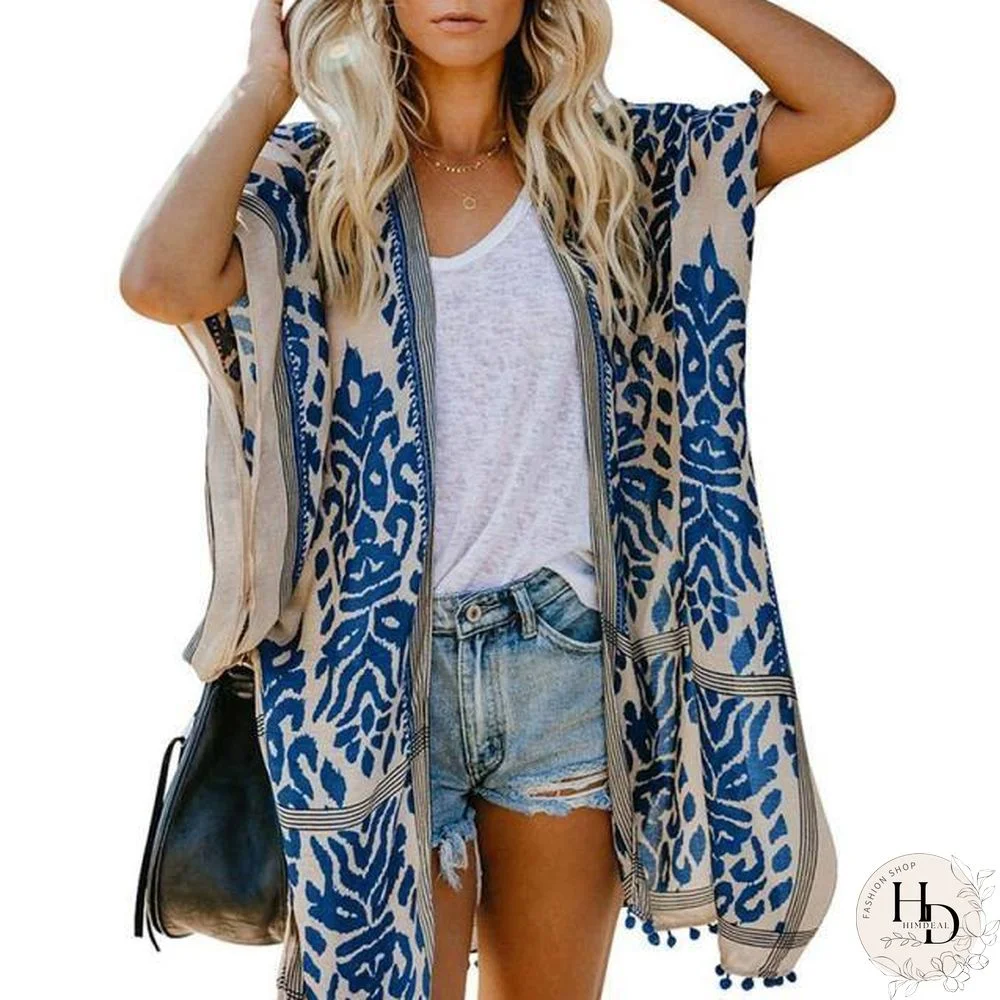 Womens Boho Printed Kimono Beach Cover Up Fashionable Summer Open Front Loose Cardigan Top With Tassel Thin Jumper Tops Holiday