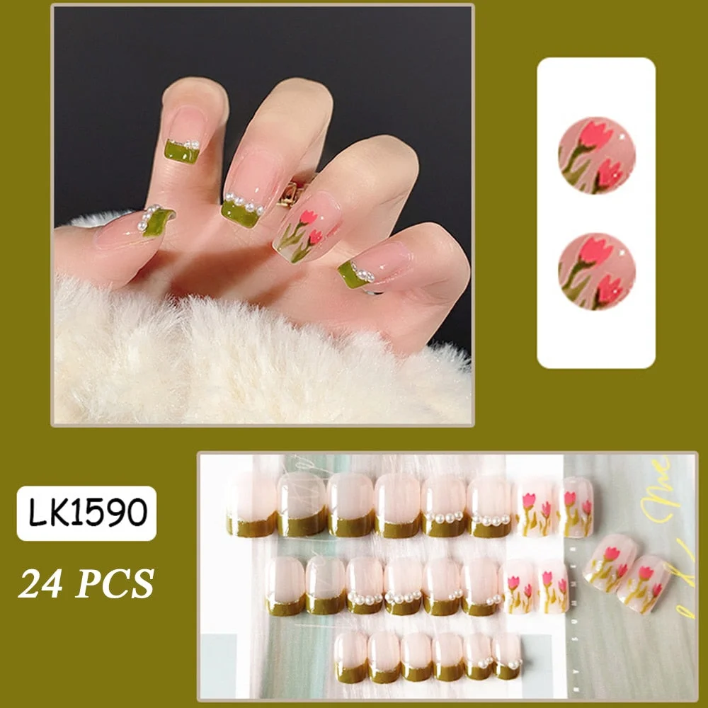 false nails short Green Solid Color with Gold Foil and Shell 3D Decoration Fake Nails Cute Bride Fake Nails Full Nail Tips-Nail Inspo
