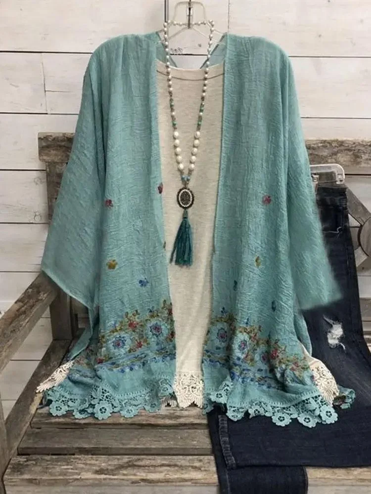  Ethnic Style Printed Mid-Sleeve Chiffon Sunscreen Cardigan
