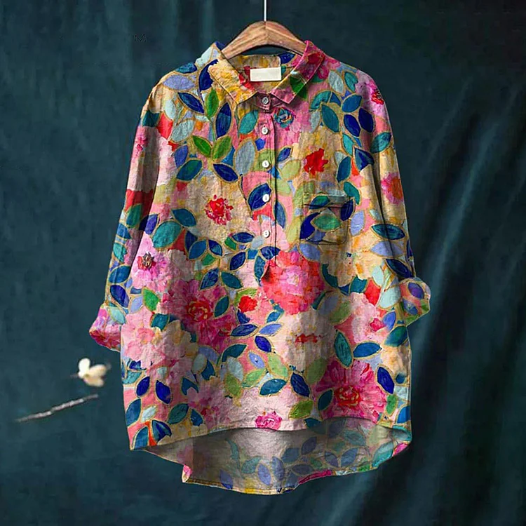 VChics Women's Flower Print Casual Cotton And Linen Shirt