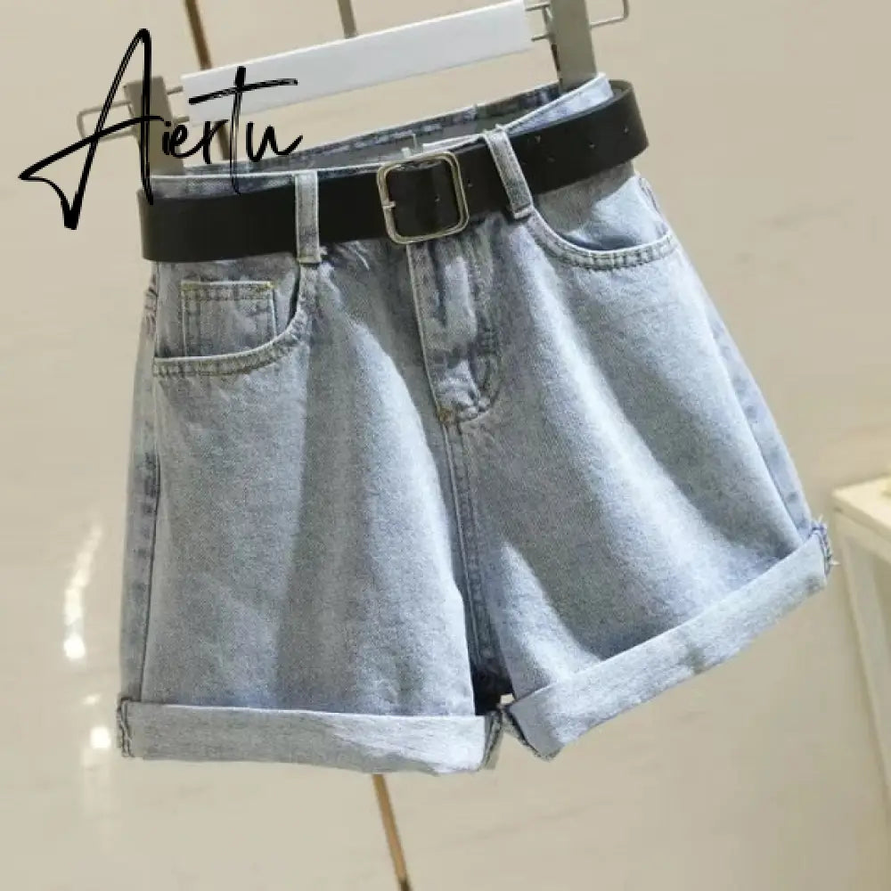 Women's denim shorts new high-waist shorts women casual loose ladies fashion large size elastic waist wide-leg short jeans Aiertu