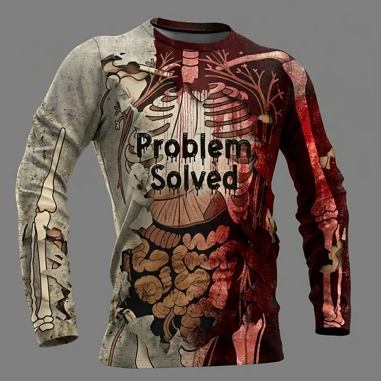 Men's Classic Halloween Anatomy With Bloody Problem Solved Art Long Sleeves T-shirt