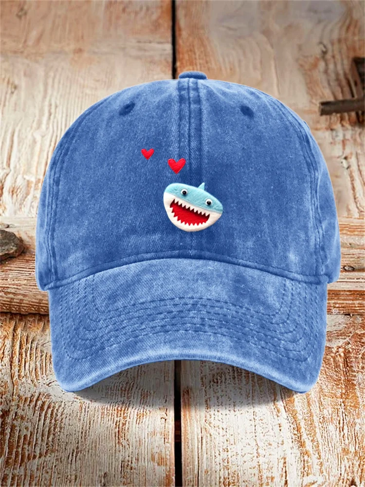 Comstylish Valentine's Gift Couple Love Shark Print Washed Cotton Baseball Cap