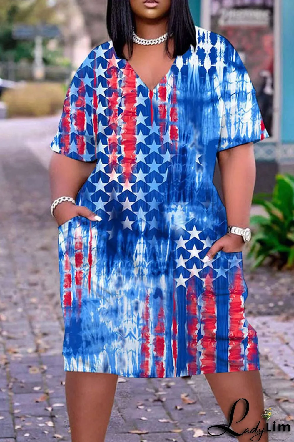 Deep Blue Casual Print Patchwork V Neck Dresses