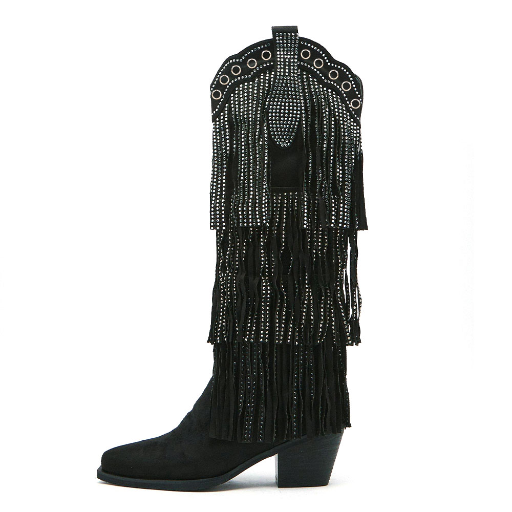 Black  Tassel Knee High Cowgirl Boots Designer Cone Heel Knee Boots