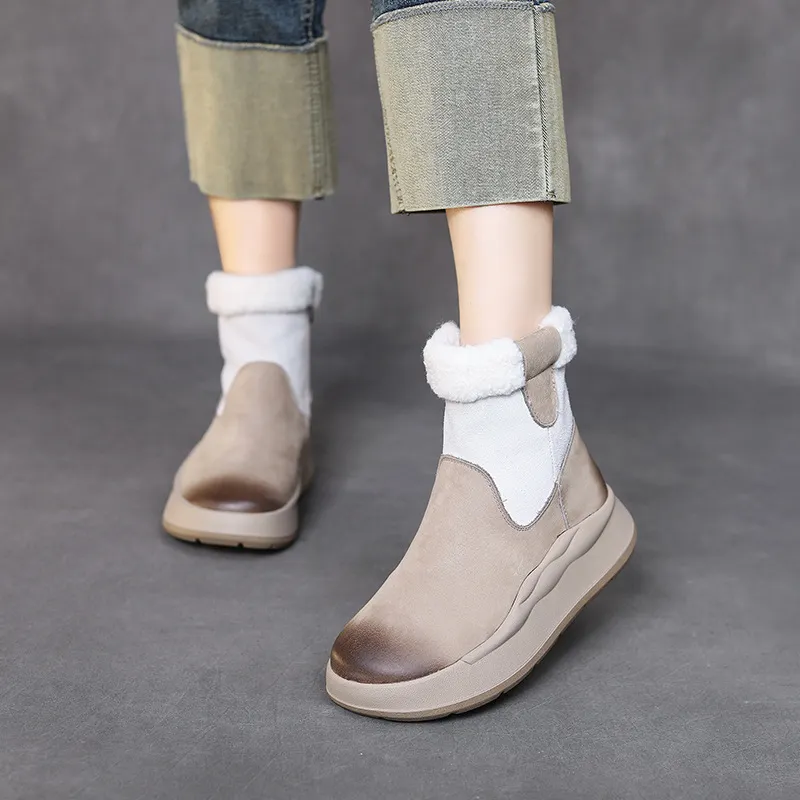 Yyvonne Velvet Snow Boots Winter Thick Cotton Boots Girl Retro Color Layer Kraft High Help Short Boots Plus Cotton