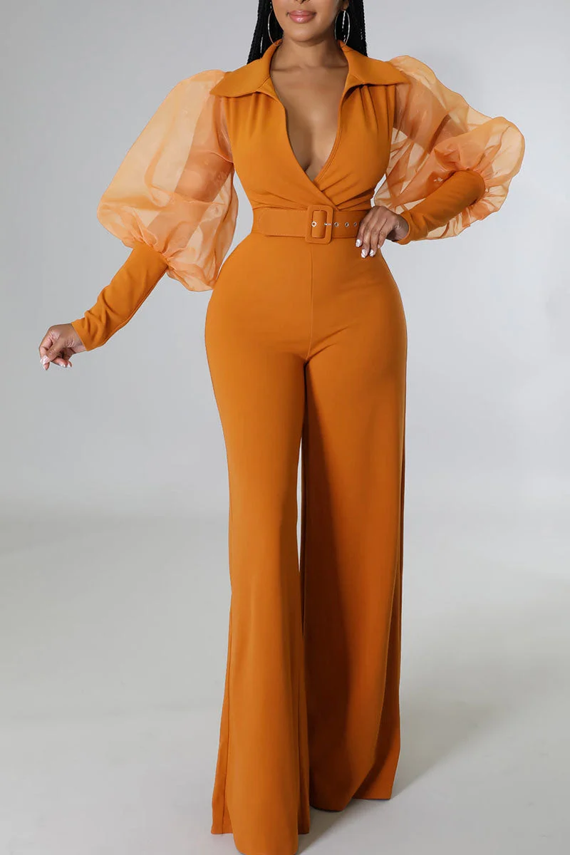 Casual Elegant Solid Patchwork V Neck Straight Jumpsuits