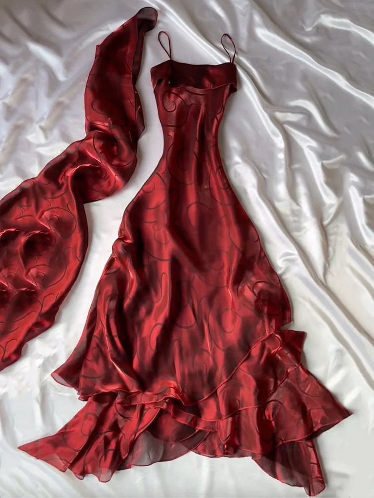 Flower Printed Ruffled Sleeveless Spaghetti-Neck Satin Maxi Dresses Fairytale Drexss