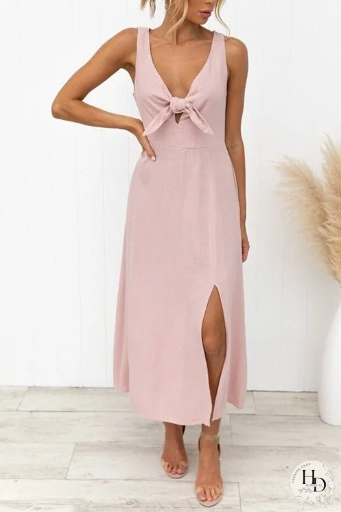 Sleeveless Tie Knot Front Pocketed Slit Midi Dress