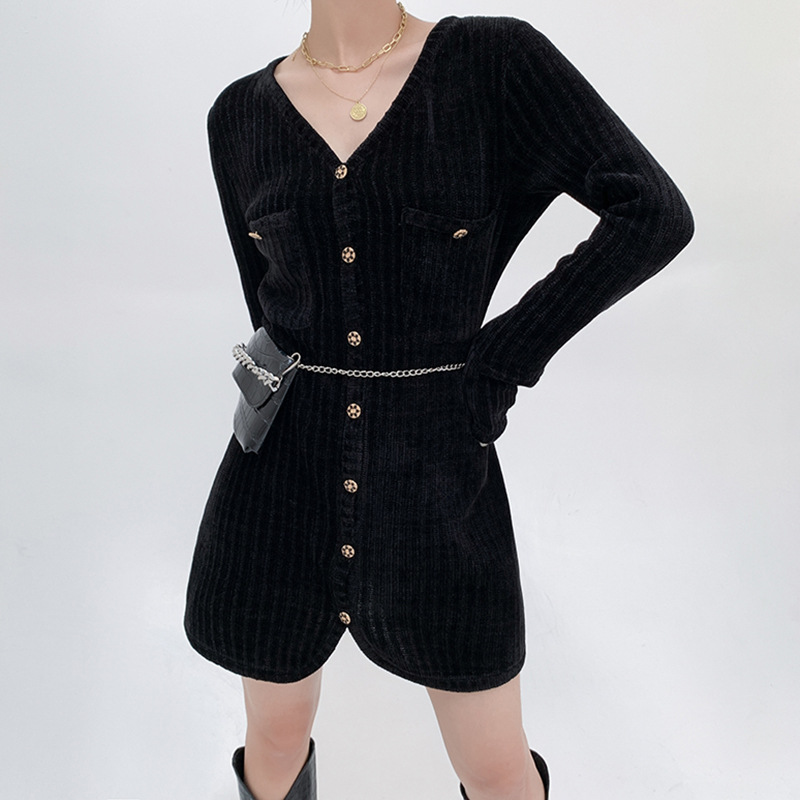 Y2K Vintage Button Long Sleeve Pocket Knit Dress