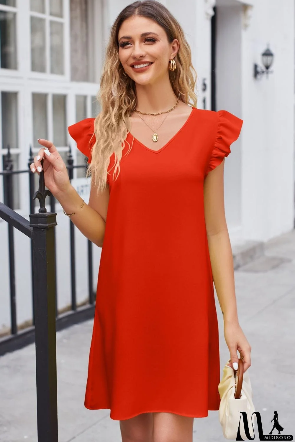 MidiSono - Ruffled V-Neck Flutter Sleeve Dress