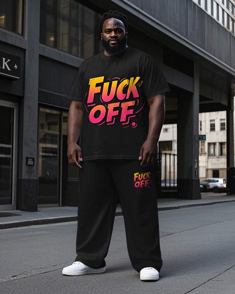 Men's Big Size Simple Gradient FUCK OFF Letter Printed Short Sleeve T-shirt Pants Set