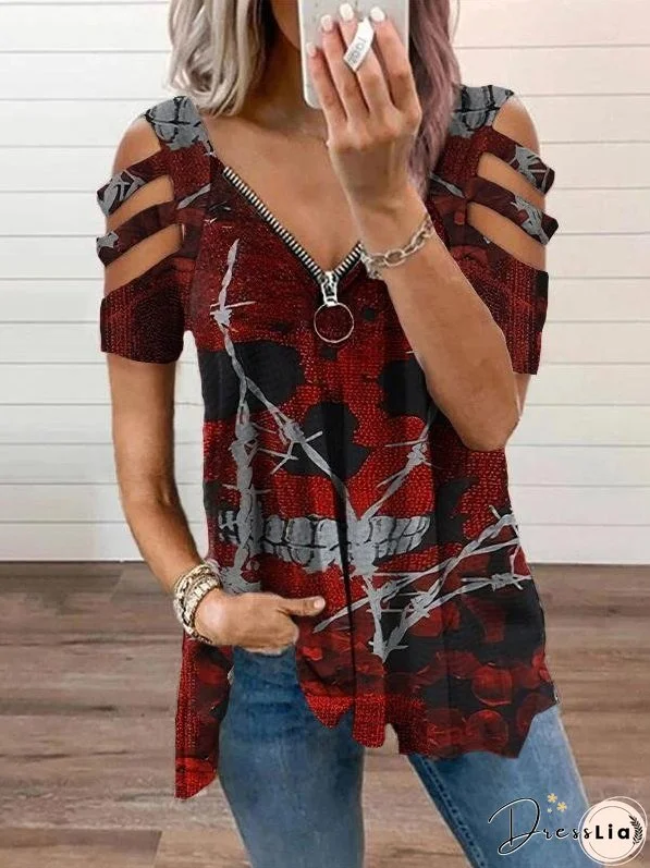 Printed V-neck Off Shoulder T-shirt