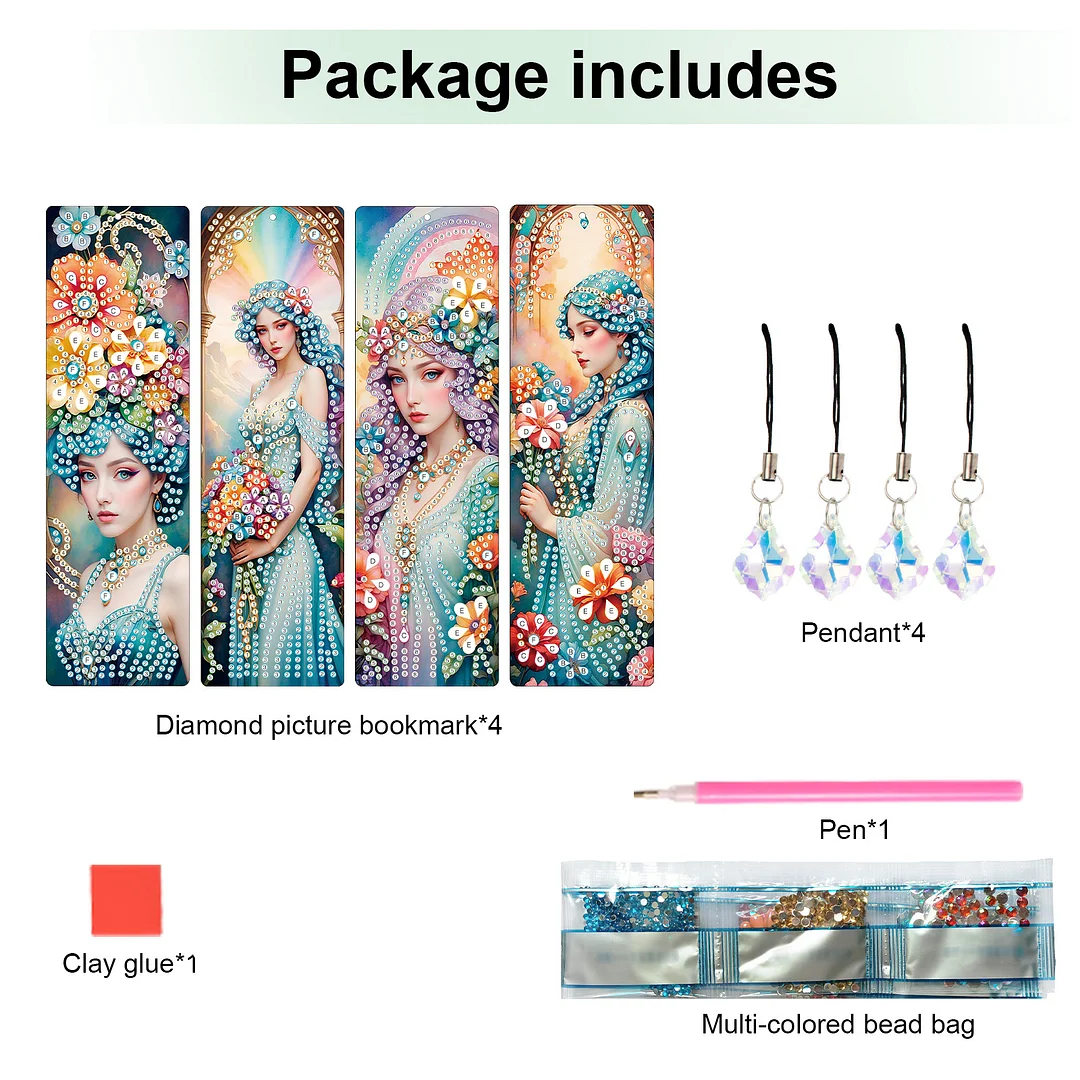 4Pcs Flower Beauty DIY Diamond Bookmark Art Projects Irregular Shaped Diamonds Diamond Painting Art Bookmarks with Crystal Pendants for DIY Making Beginners Adult Art Craft Supplies