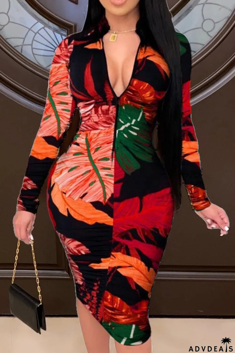 Green Fashion Casual Print Basic Zipper Collar Printed Dress