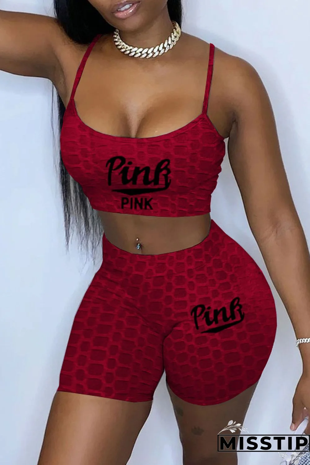 Burgundy Sexy Print Patchwork Backless Spaghetti Strap Sleeveless Two Pieces