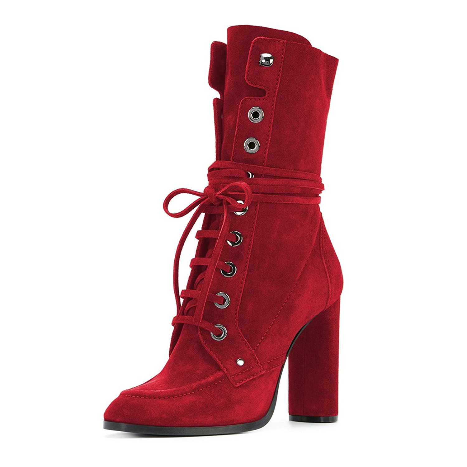 Chic Red Vegan Suede Mid-Calf Lace Up Boots with Chunky Heels