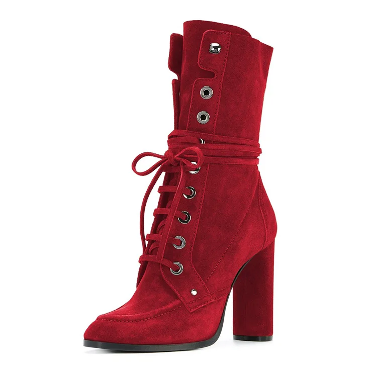 Red Vegan Suede Lace up Boots Round Toe Chunky Heel Mid Calf Boots |FSJ Shoes