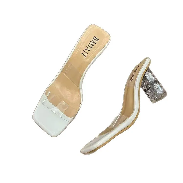 Breakj Breakj Slippers Women Summer Wear 2025 New Square Head Crystal Rough And Transparent Sexy High-Shoe Cold Slippers Women