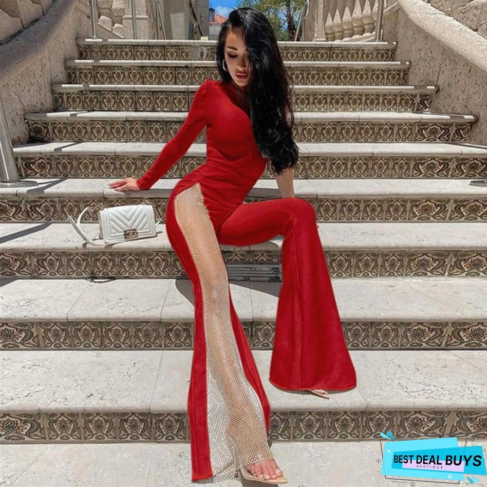 Fashion Solid Color One-Shoulder Mesh Stitching Jumpsuit