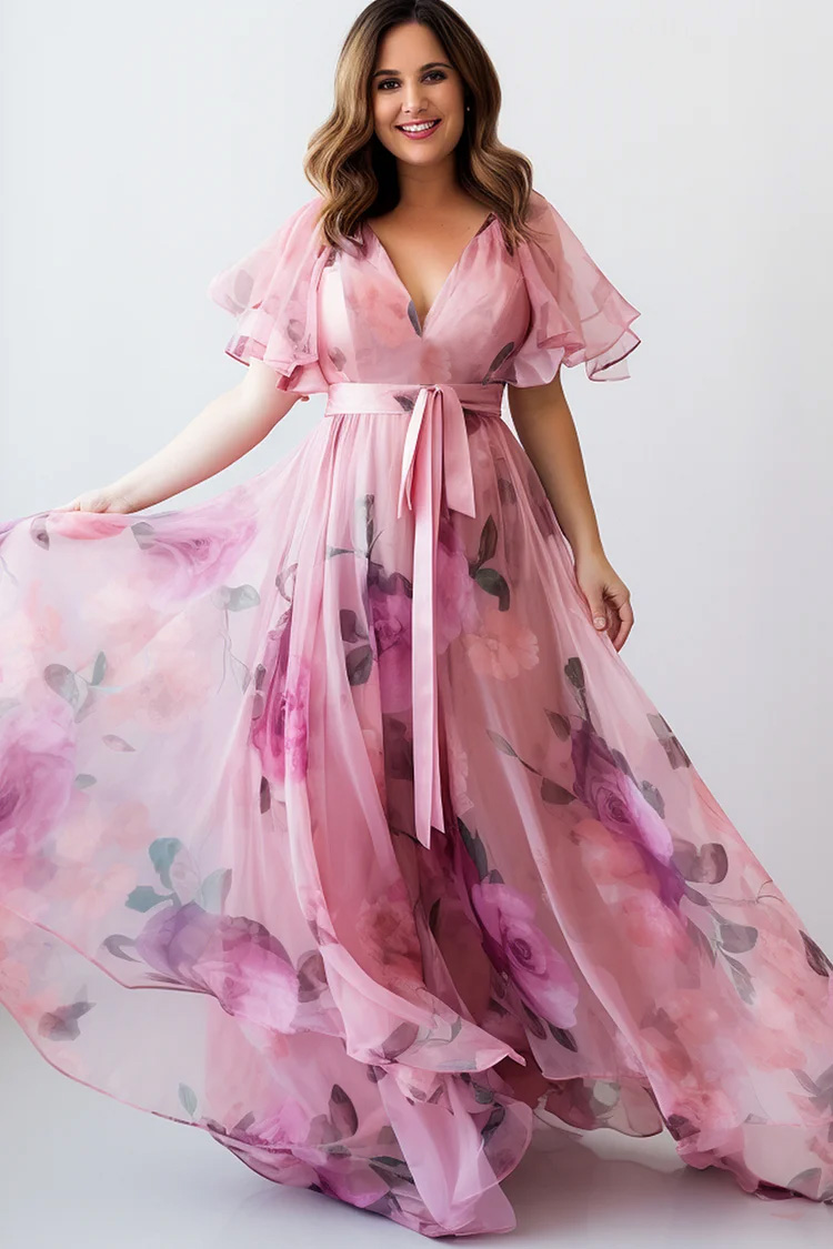 Flycurvy Plus Size Everyday Pink Floral Flutter Sleeve Empire Waist Chiffon Maxi Dress