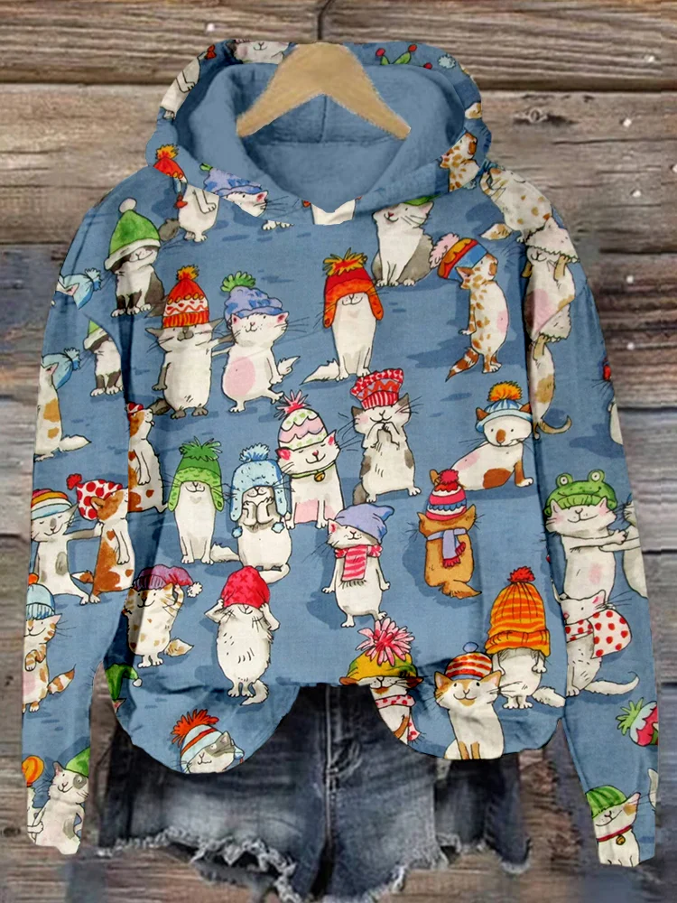 Comstylish Winter Christmas Cats in Hats Vintage Cozy Hoodie