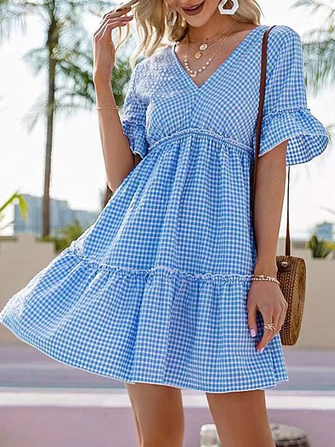 Women'S Casual V-Neck Short-Sleeved Plaid Print Ruffle Stitching Dress
