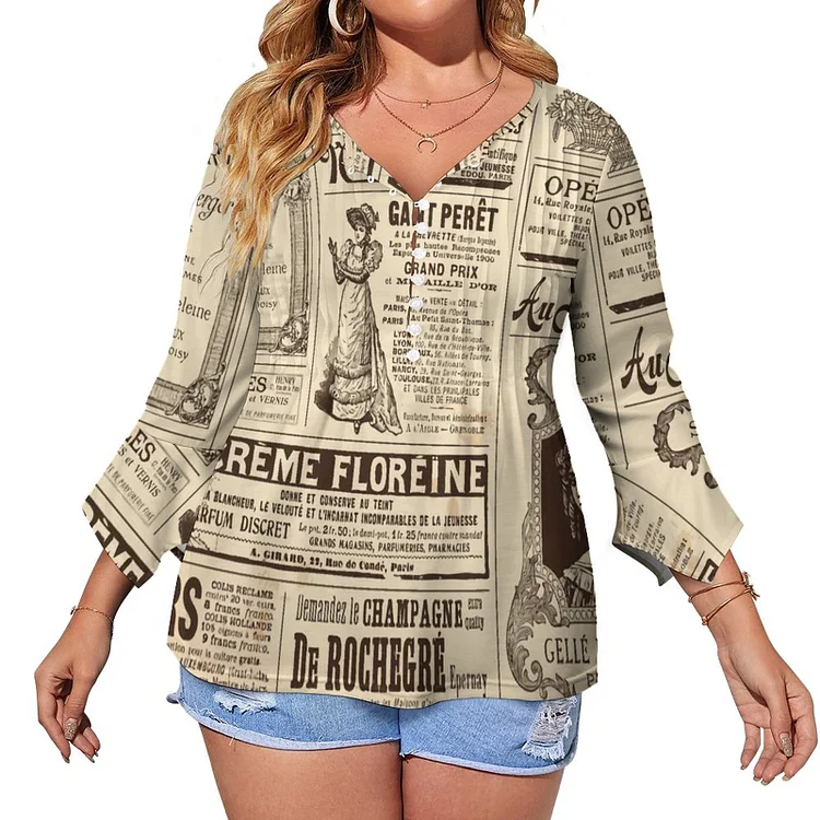 1969S New York 2 Astronauts Lift Off Moon Newspapers Button Popover Shirt Women mid sleeve Tunic Tops Loose Fit Pleats Blouses - Heather Prints Shirts